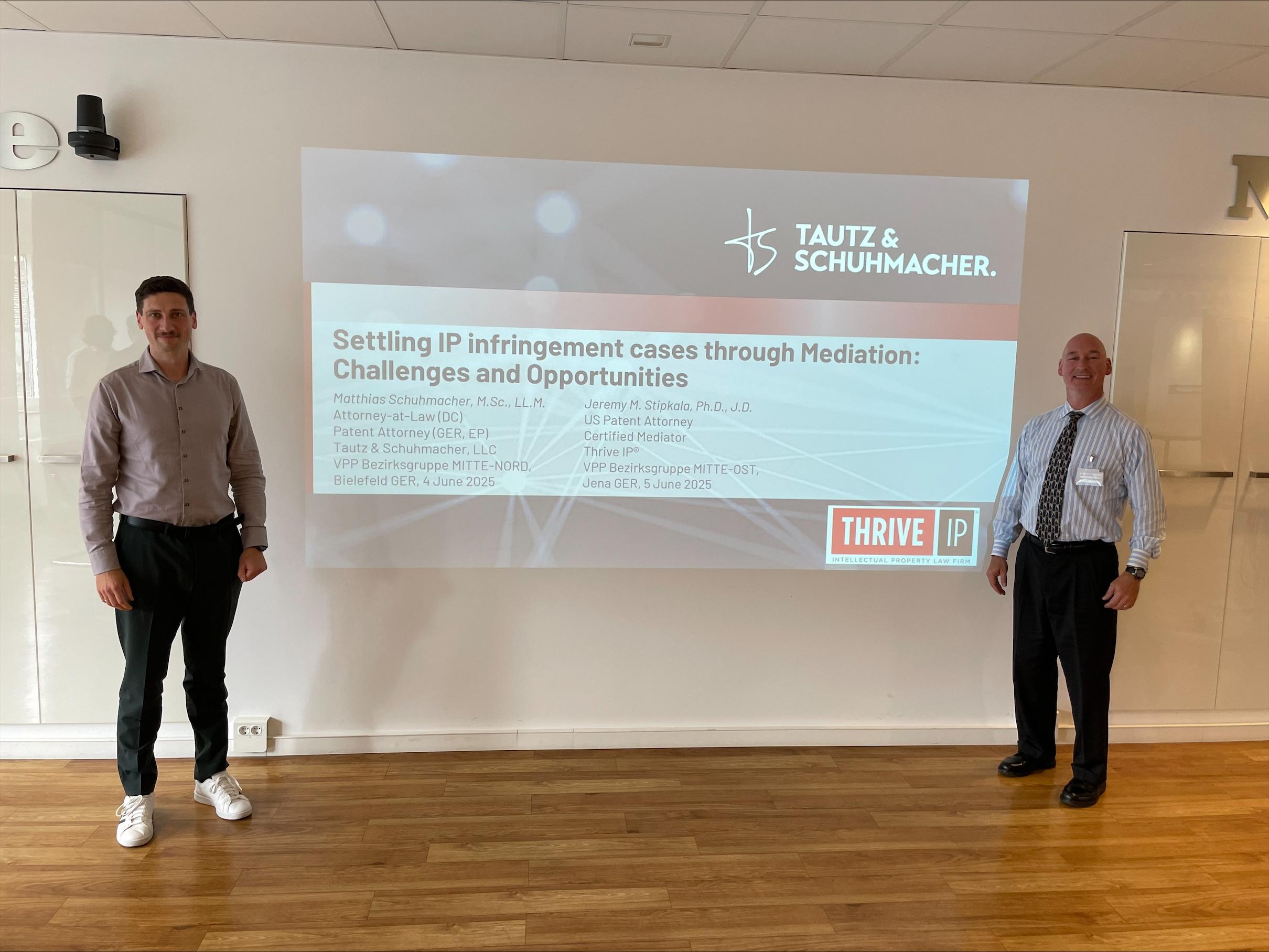 Matthias Schuhmacher, M.Sc., LL.M. and Jeremy M. Stipkala, Ph.D., J.D. speak at regional meetings in Germany.